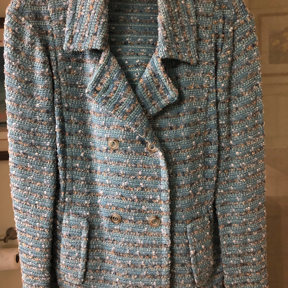 St john knit jacket size 10 blue & cream.